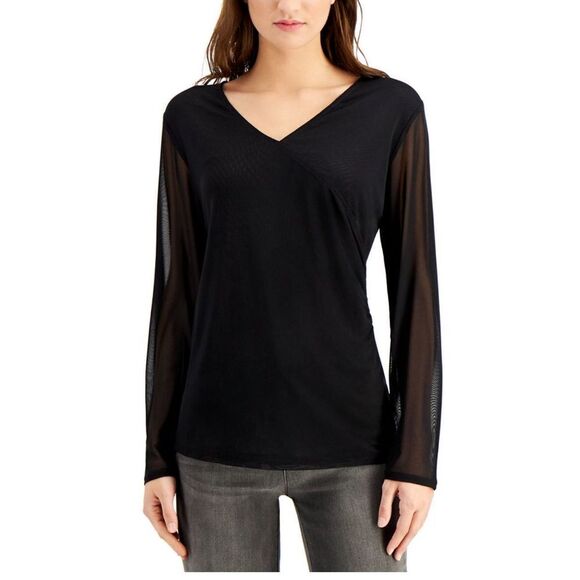 Willow Drive Mesh-Sleeve Wrap Top Black S - Picture 1 of 2